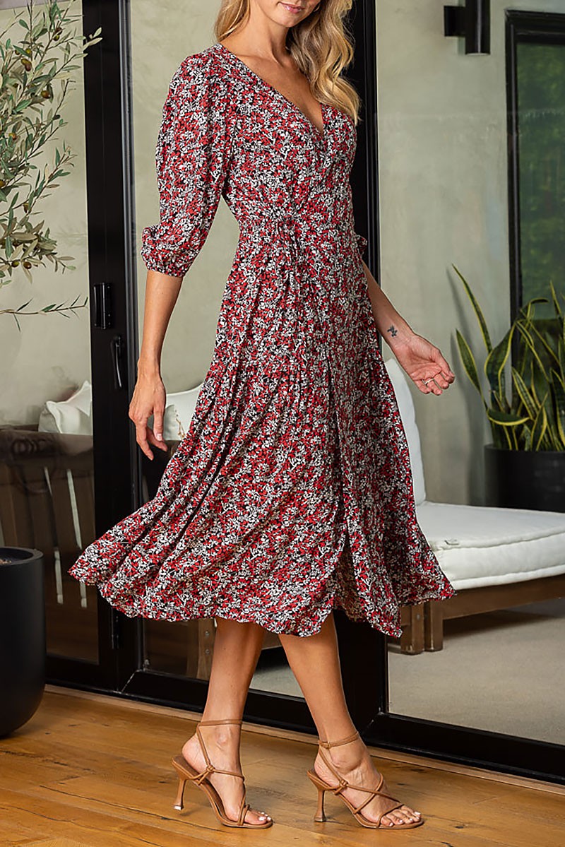 Floral print v-neck self-tie waist wrap midi dress (RSSW4640)