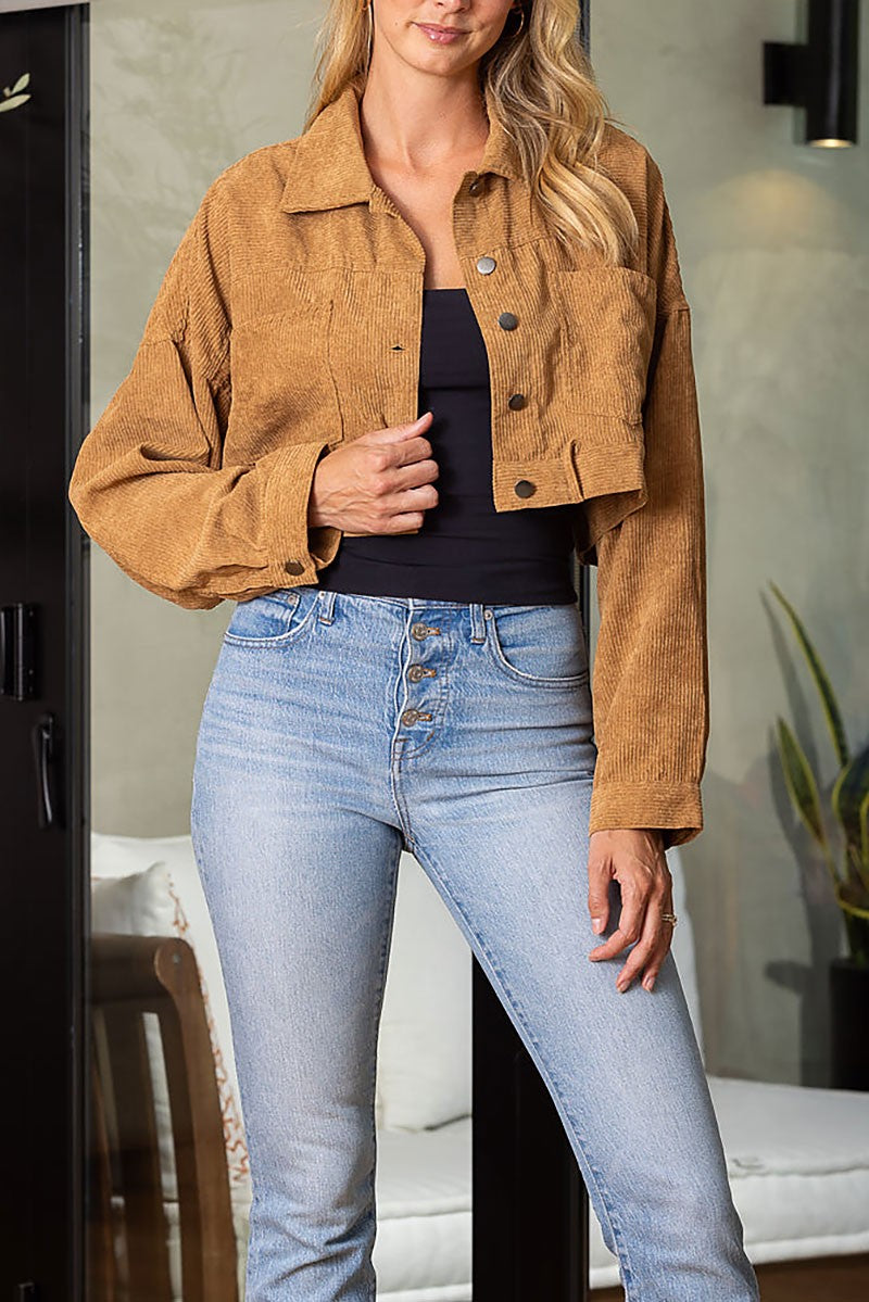 Corduroy button up long sleeves crop jacket (RSSW4645)