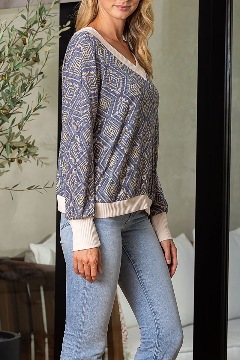 Arabesque print v neck long sleeves knit top (RSSW4650)