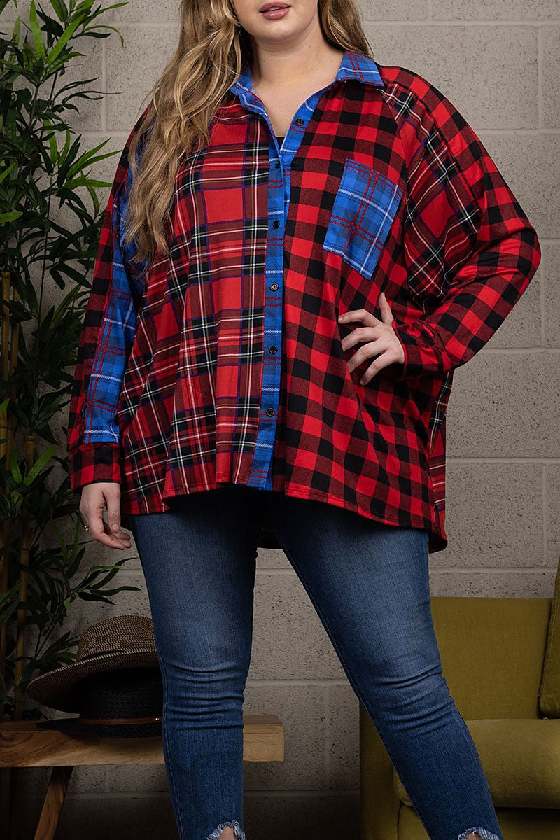 Plaid collar long sleeve drop shoulder plus top (RSSW4653)