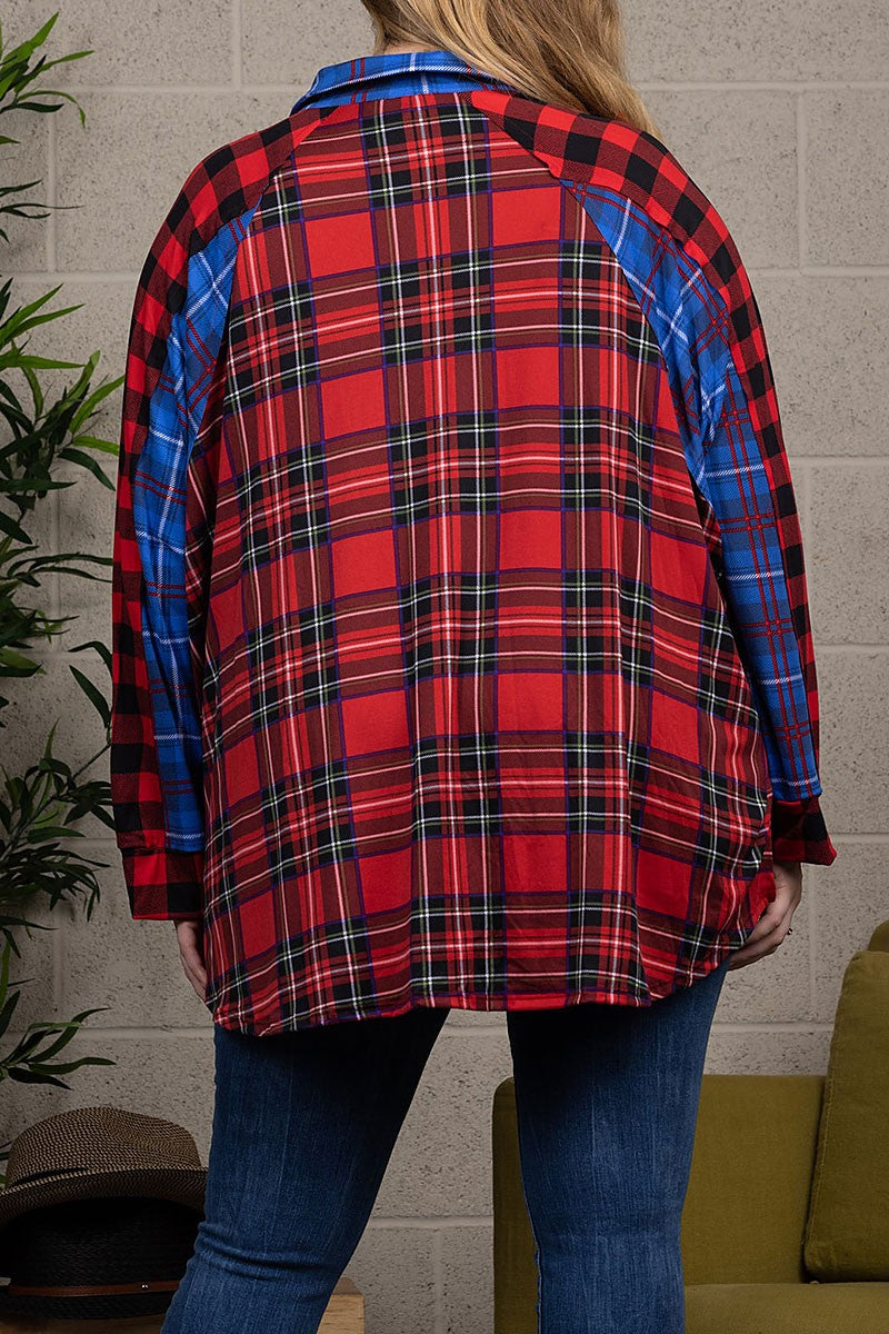 Plaid collar long sleeve drop shoulder plus top (RSSW4653)