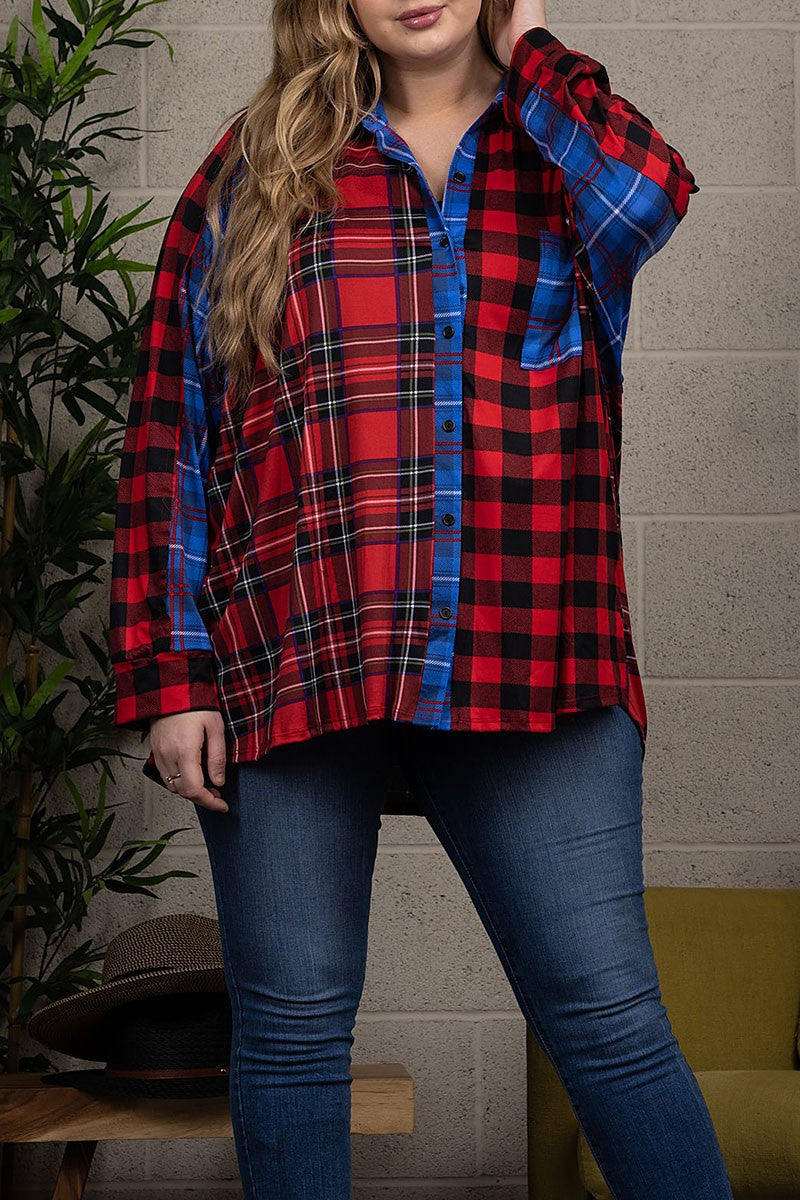 Plaid collar long sleeve drop shoulder plus top (RSSW4653)