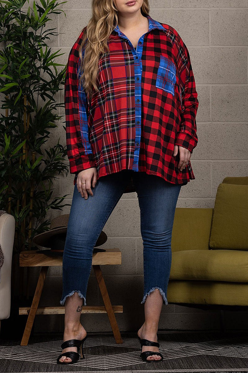 Plaid collar long sleeve drop shoulder plus top (RSSW4653)