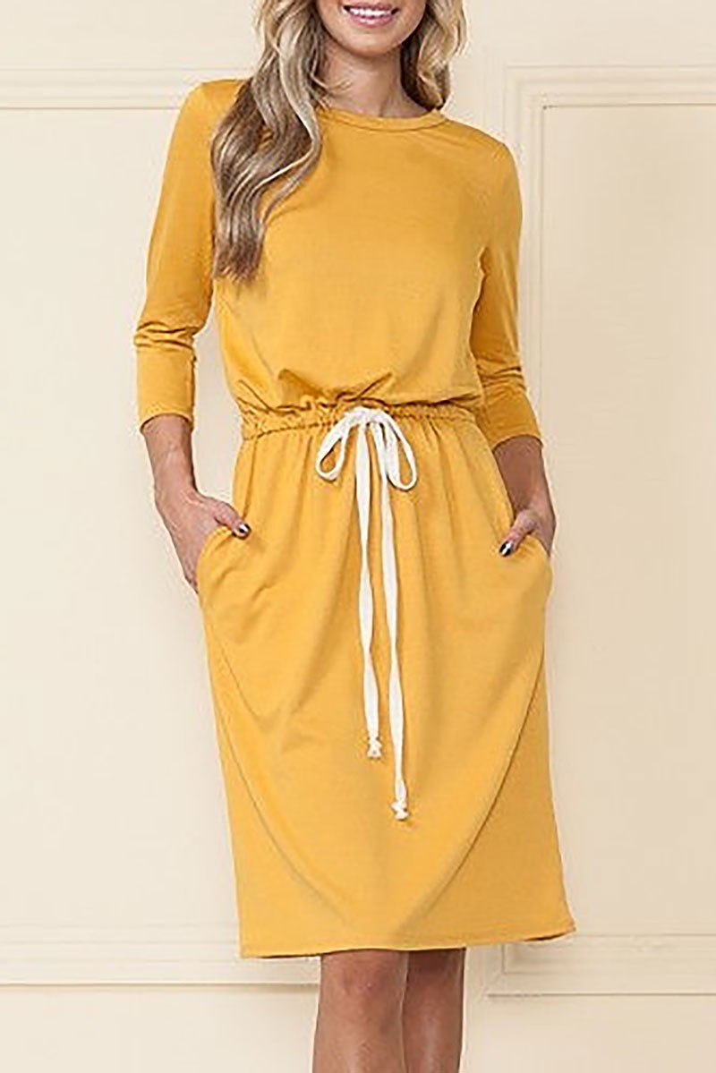 Long sleeves elastic waist drawstring midi dress (RSSW4654)