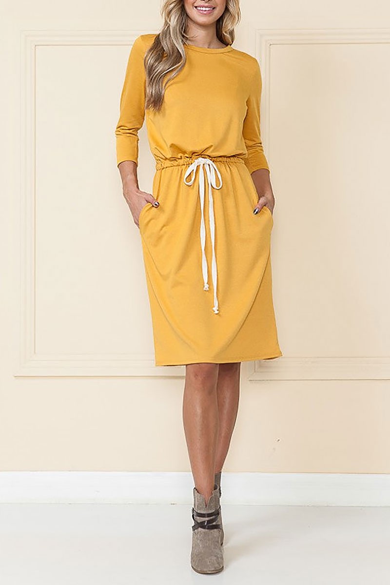 Long sleeves elastic waist drawstring midi dress (RSSW4654)