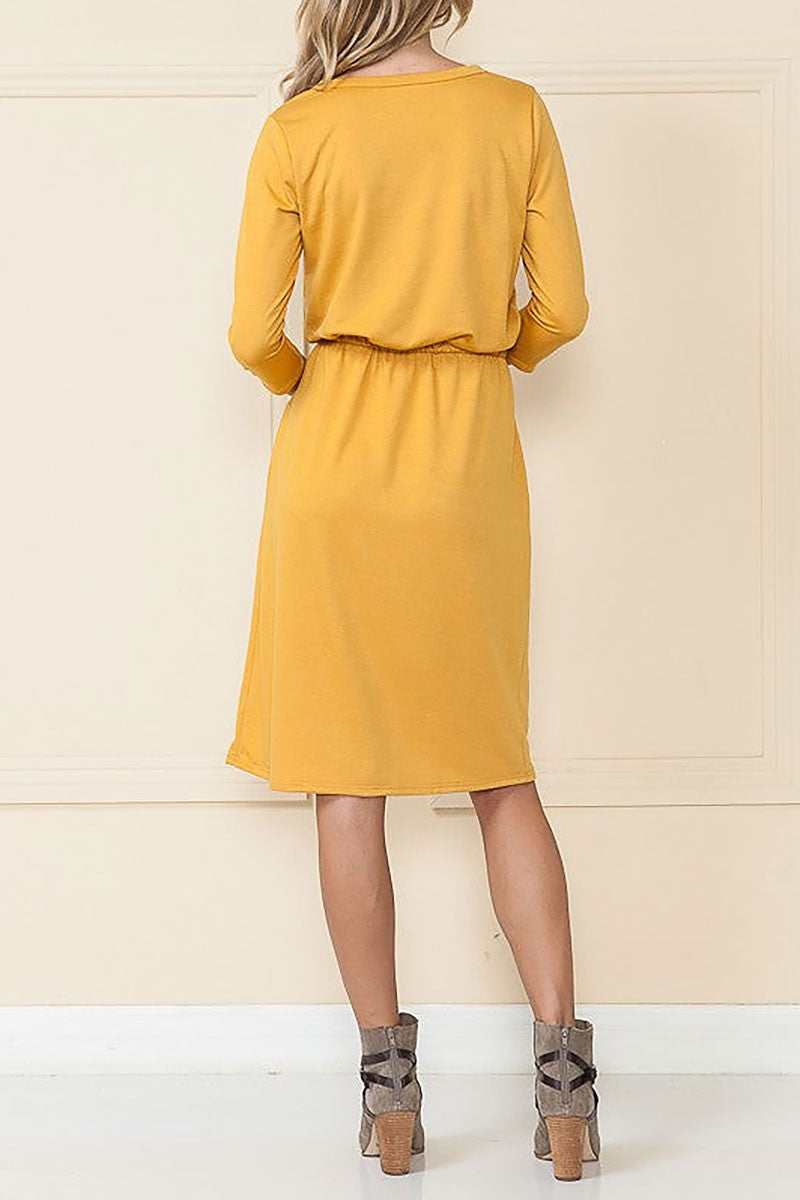 Long sleeves elastic waist drawstring midi dress (RSSW4654)