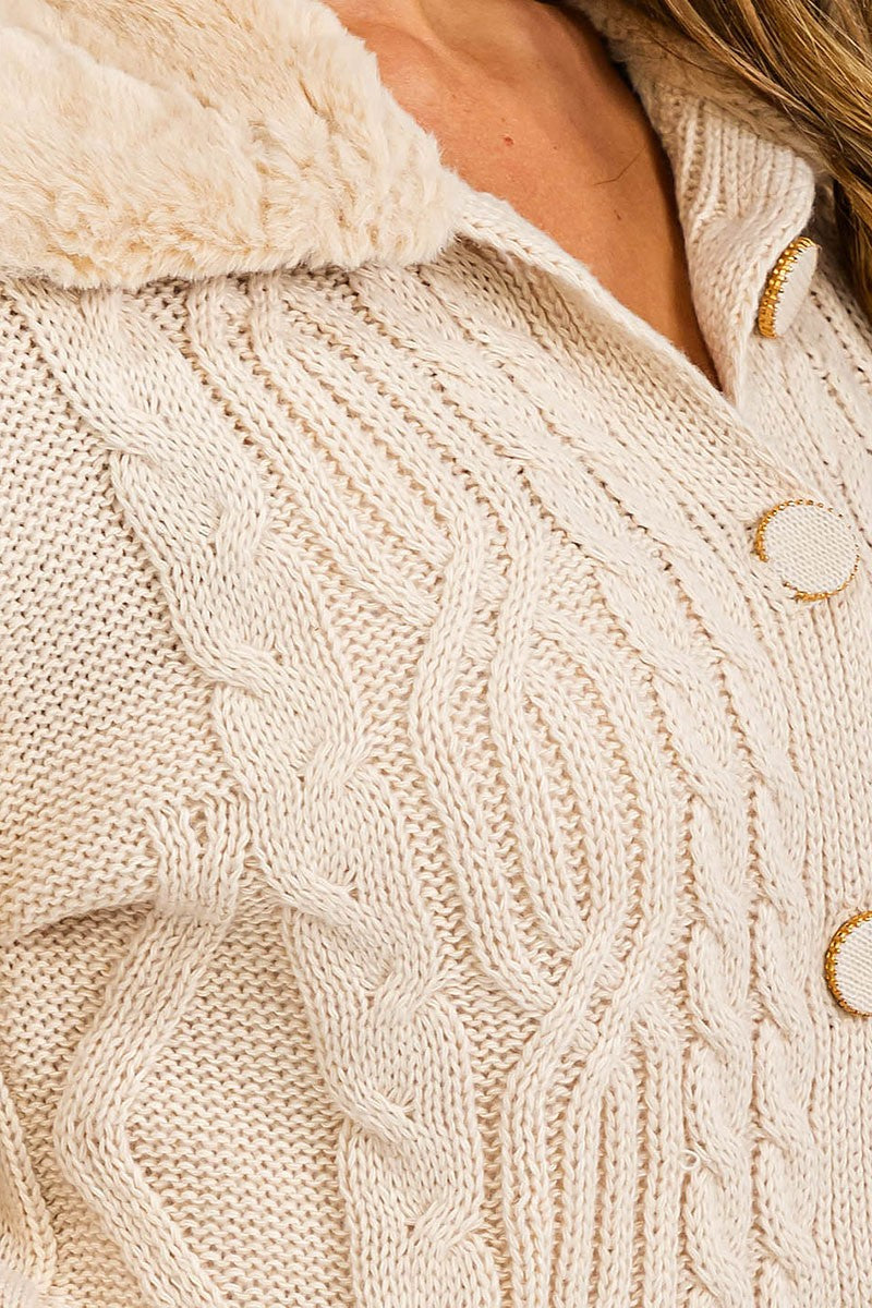 Button closure cable knit sherpa detailed sweater (RVWT6182)