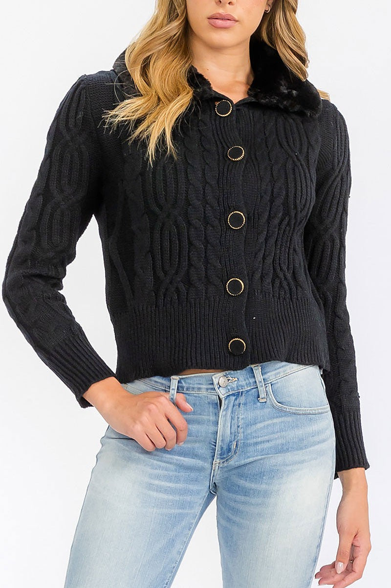 Button closure cable knit sherpa detailed sweater (RVWT6182)