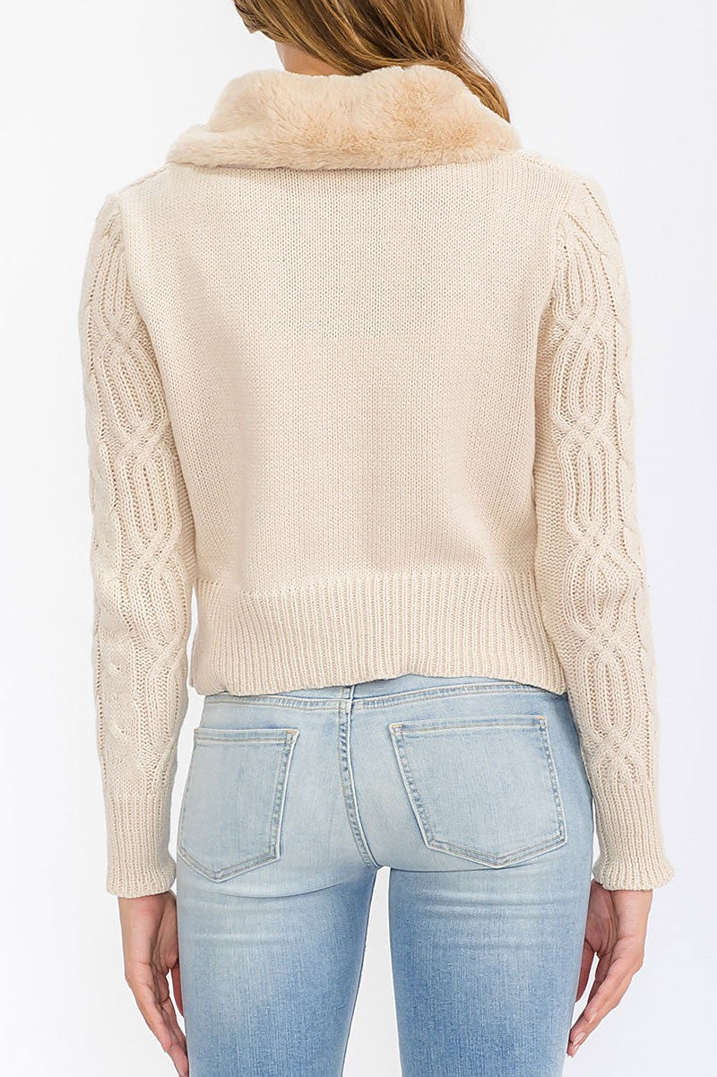 Button closure cable knit sherpa detailed sweater (RVWT6182)