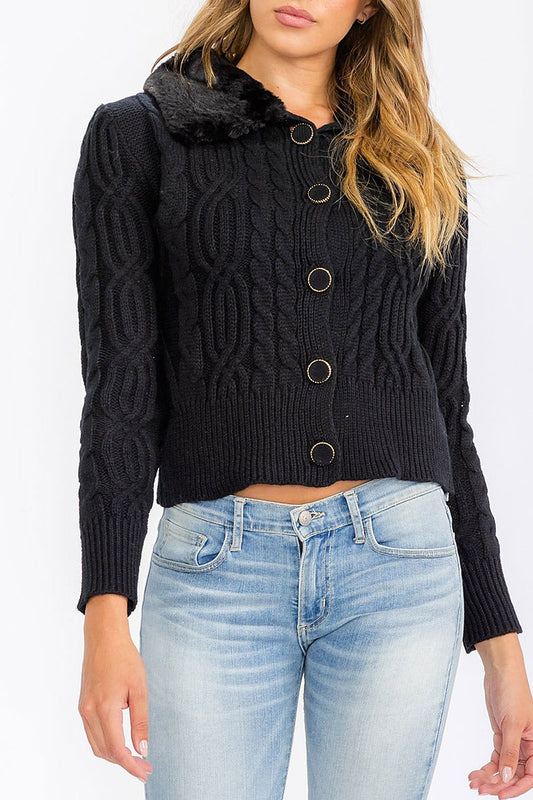 Button closure cable knit sherpa detailed sweater (RVWT6182)