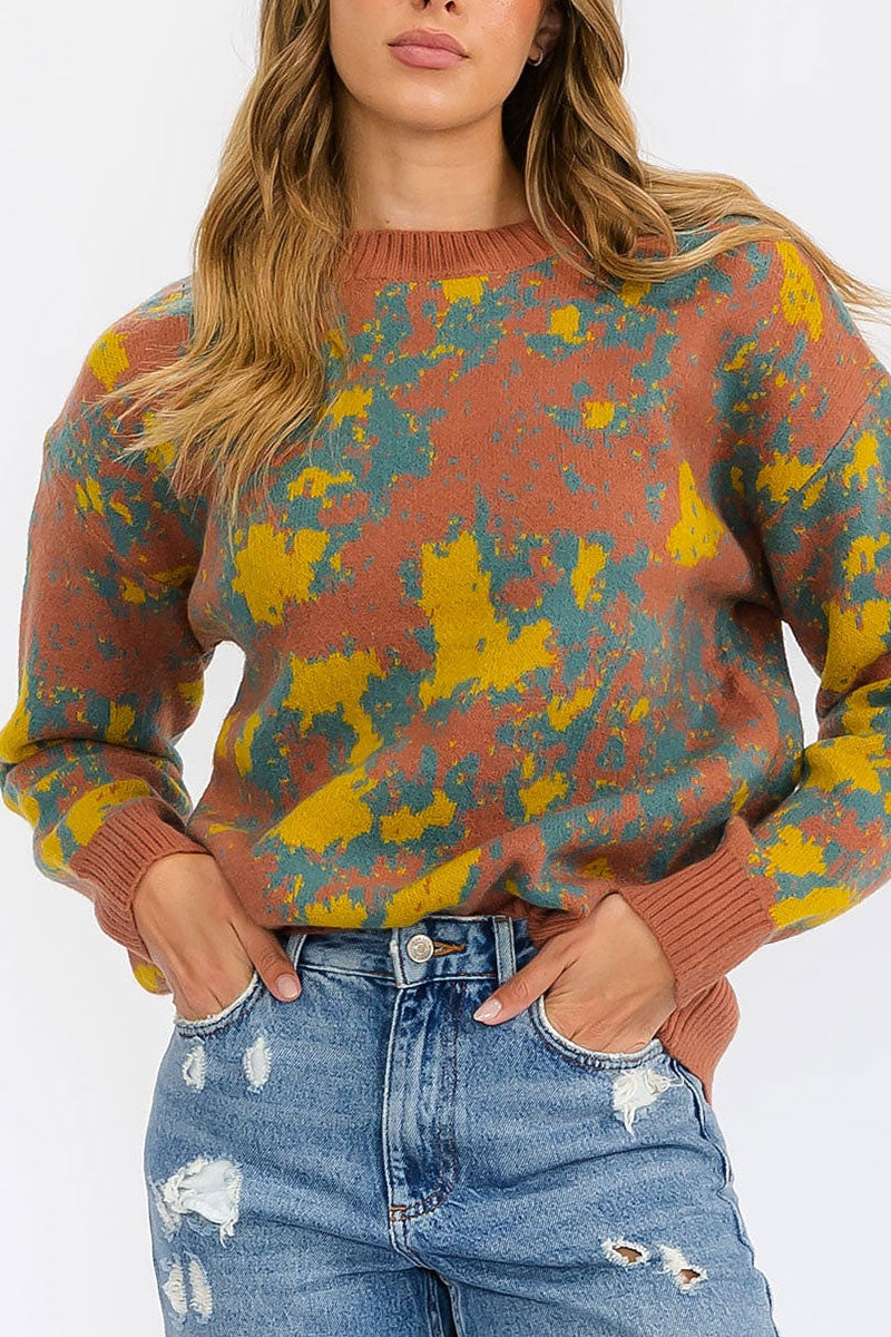 Long sleeve multi print pullover sweater (RVWT6184)