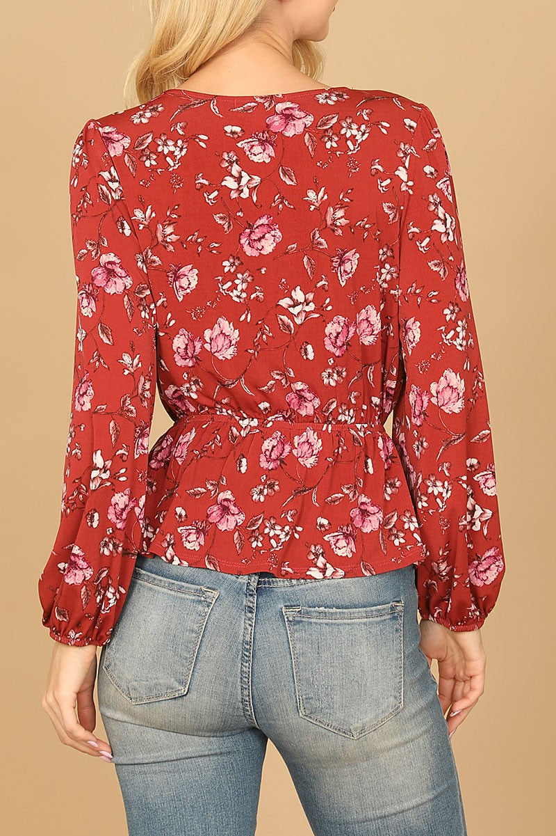 Floral long sleeve wrap waist tie top (RT8065)