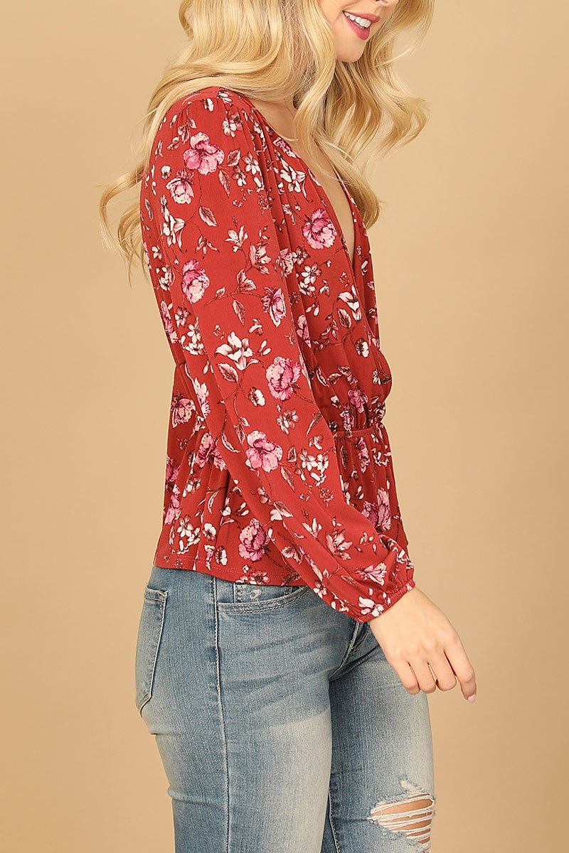 Floral long sleeve wrap waist tie top (RT8065)