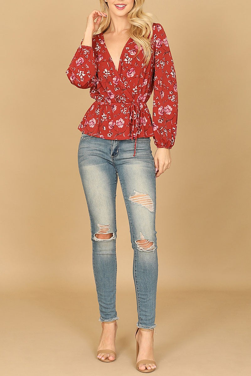 Floral long sleeve wrap waist tie top (RT8065)