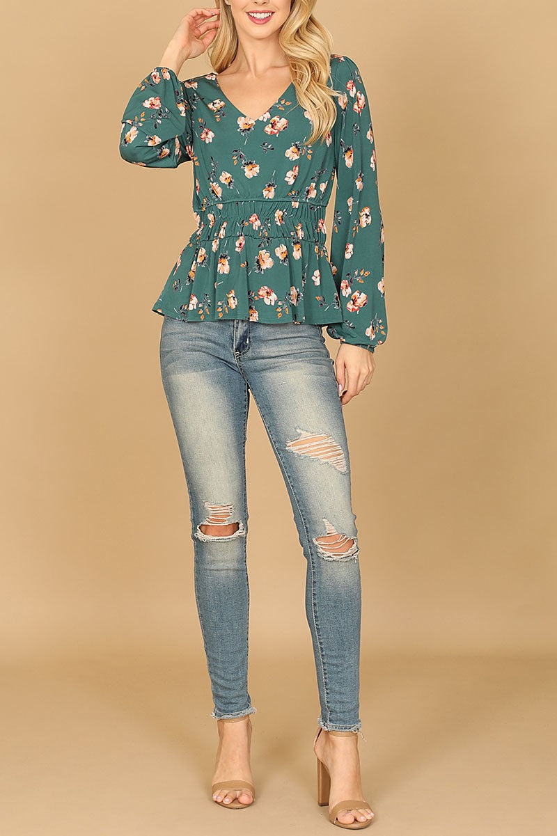 V-neck elastic waist long sleeve floral top (RT8066)