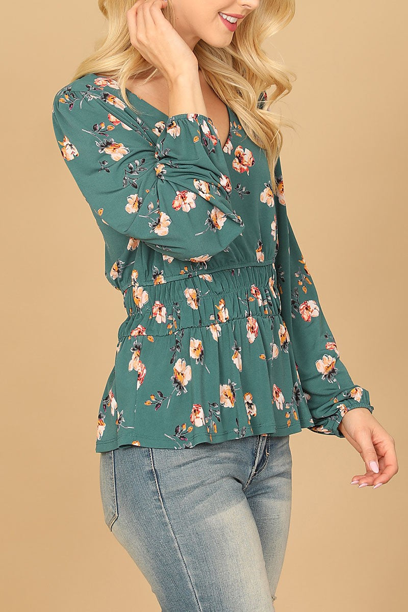 V-neck elastic waist long sleeve floral top (RT8066)