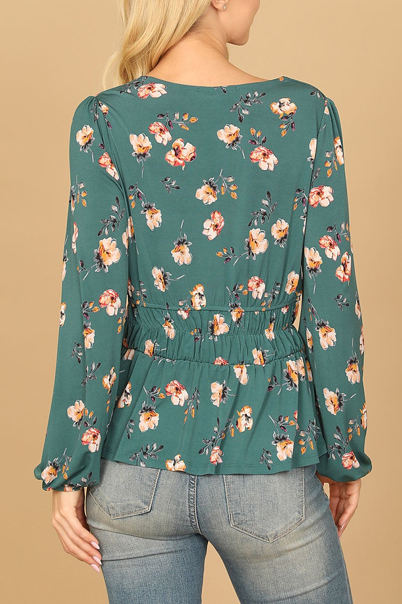 V-neck elastic waist long sleeve floral top (RT8066)