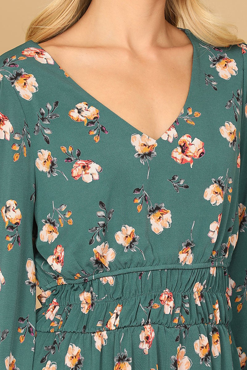 V-neck elastic waist long sleeve floral top (RT8066)