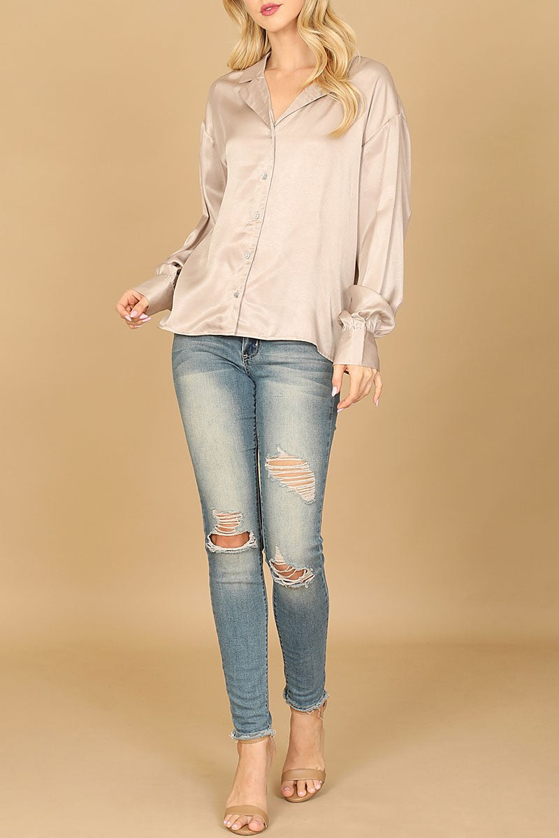 Long sleeve button down satiny top (RT8068)