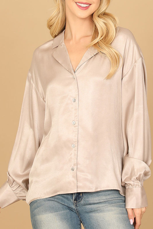 Long sleeve button down satiny top (RT8068)