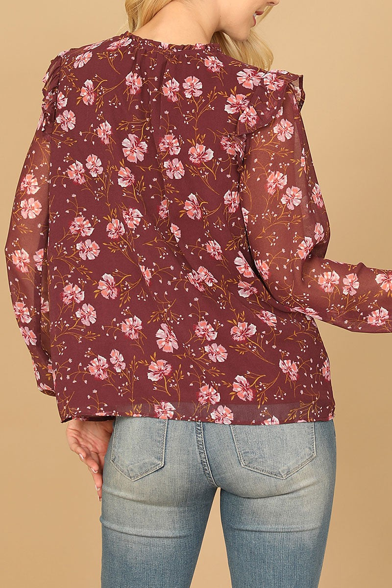 Keyhole tie neck ruffle long sleeve floral top (RT8069)