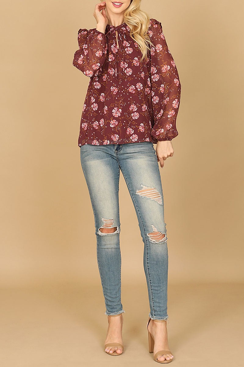 Keyhole tie neck ruffle long sleeve floral top (RT8069)