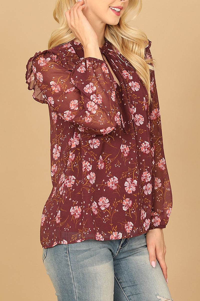 Keyhole tie neck ruffle long sleeve floral top (RT8069)