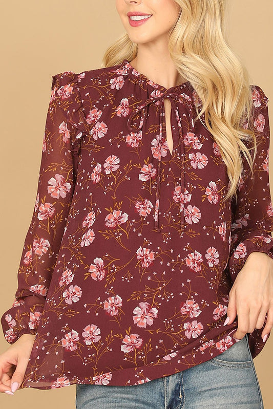 Keyhole tie neck ruffle long sleeve floral top (RT8069)