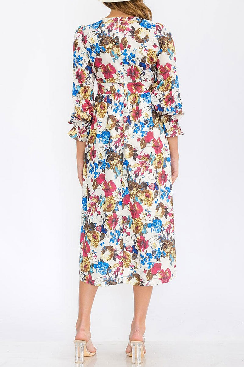 V-neck elastic waist floral print midi dress (RVWT6226)