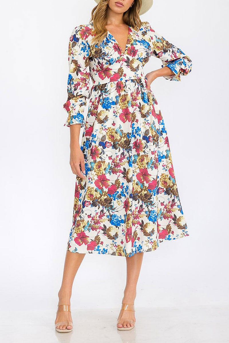 V-neck elastic waist floral print midi dress (RVWT6226)