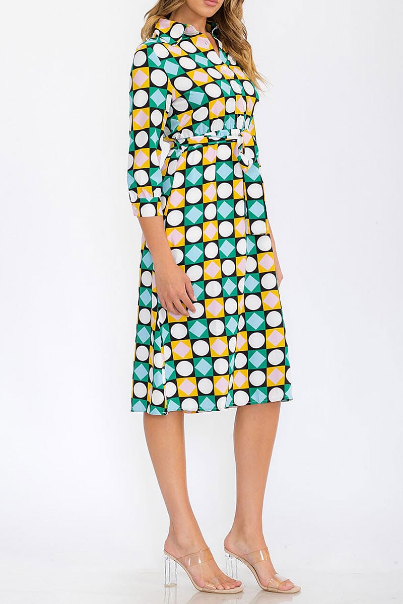 3/4 sleeves button up multi print midi dress (RVWT6227)