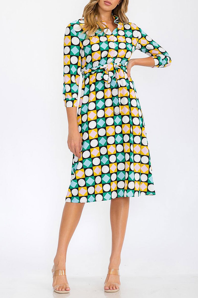 3/4 sleeves button up multi print midi dress (RVWT6227)