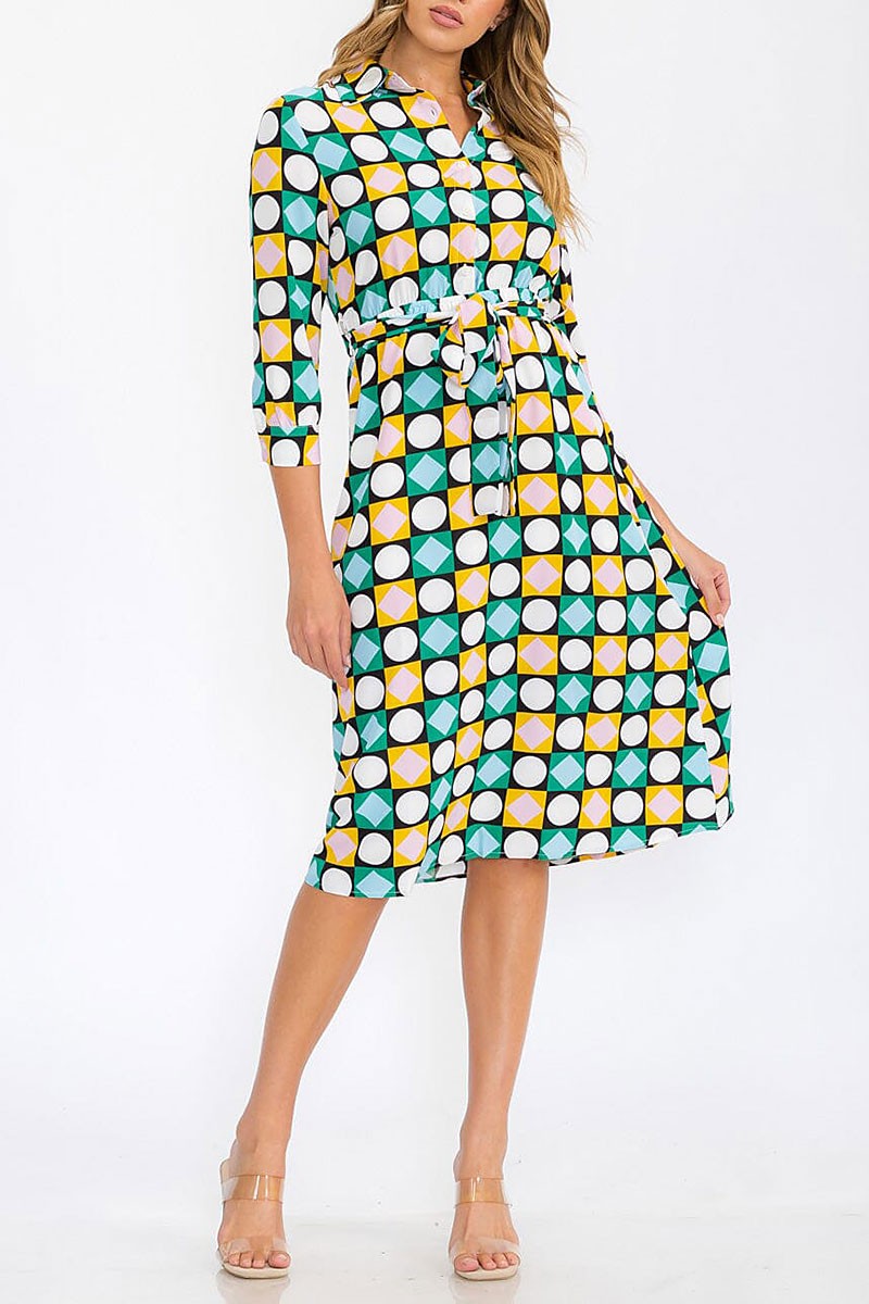 3/4 sleeves button up multi print midi dress (RVWT6227)