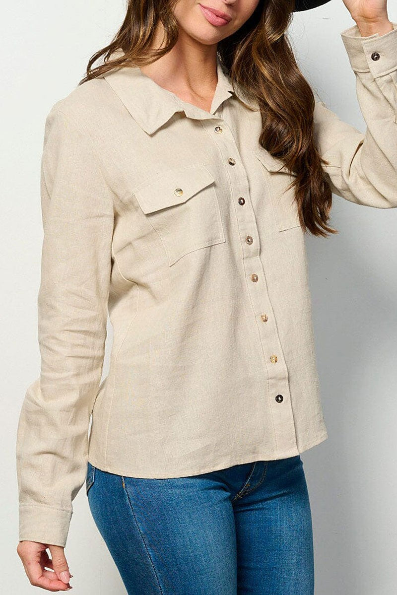 Long sleeve button up front pockets linen top (RVWT6232)