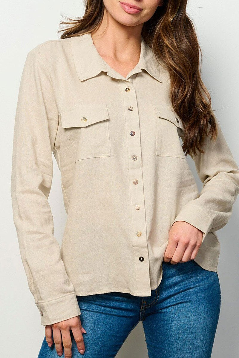 Long sleeve button up front pockets linen top (RVWT6232)