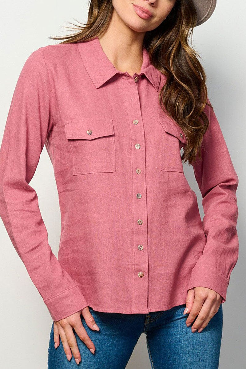 Long sleeve button up front pockets linen top (RVWT6232)