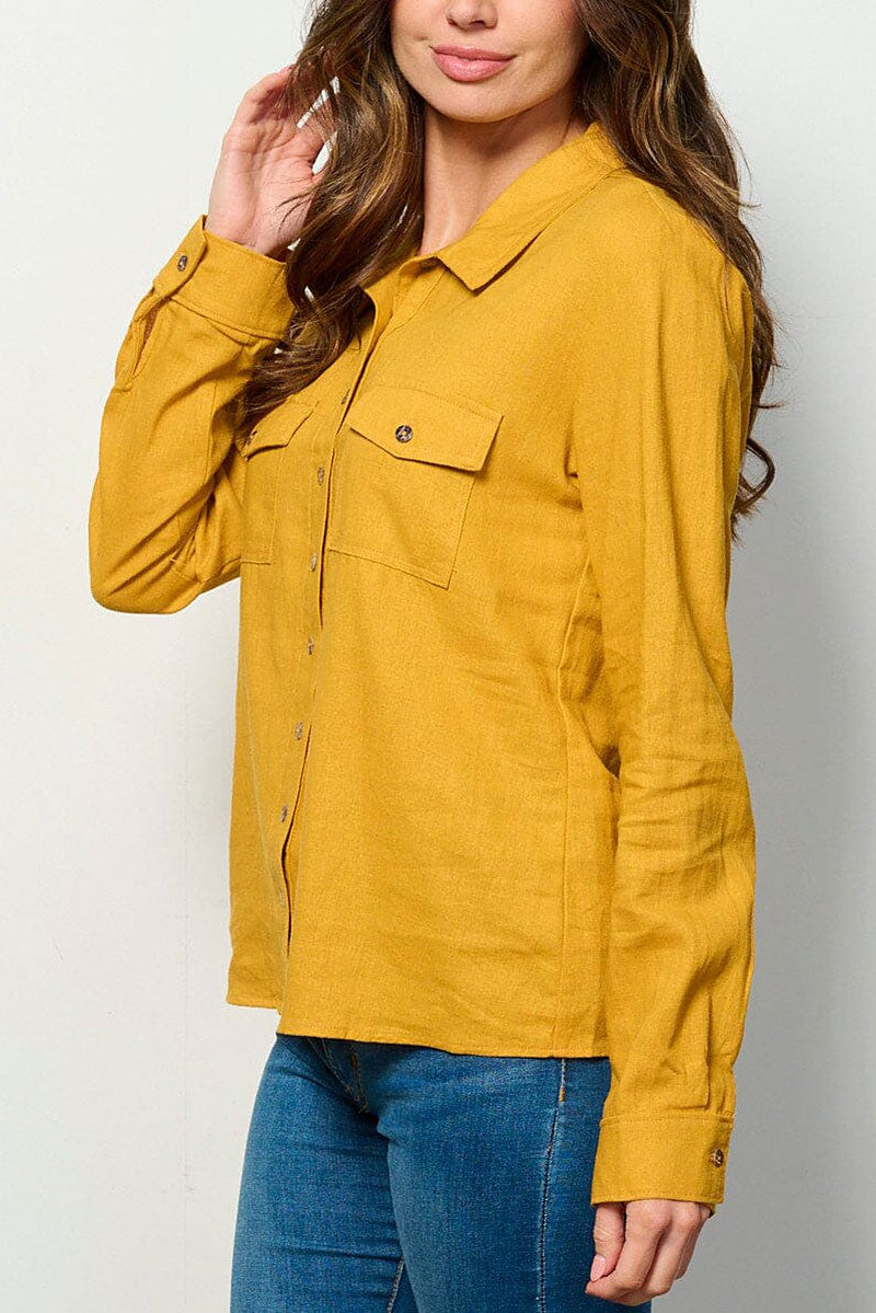 Long sleeve button up front pockets linen top (RVWT6232)