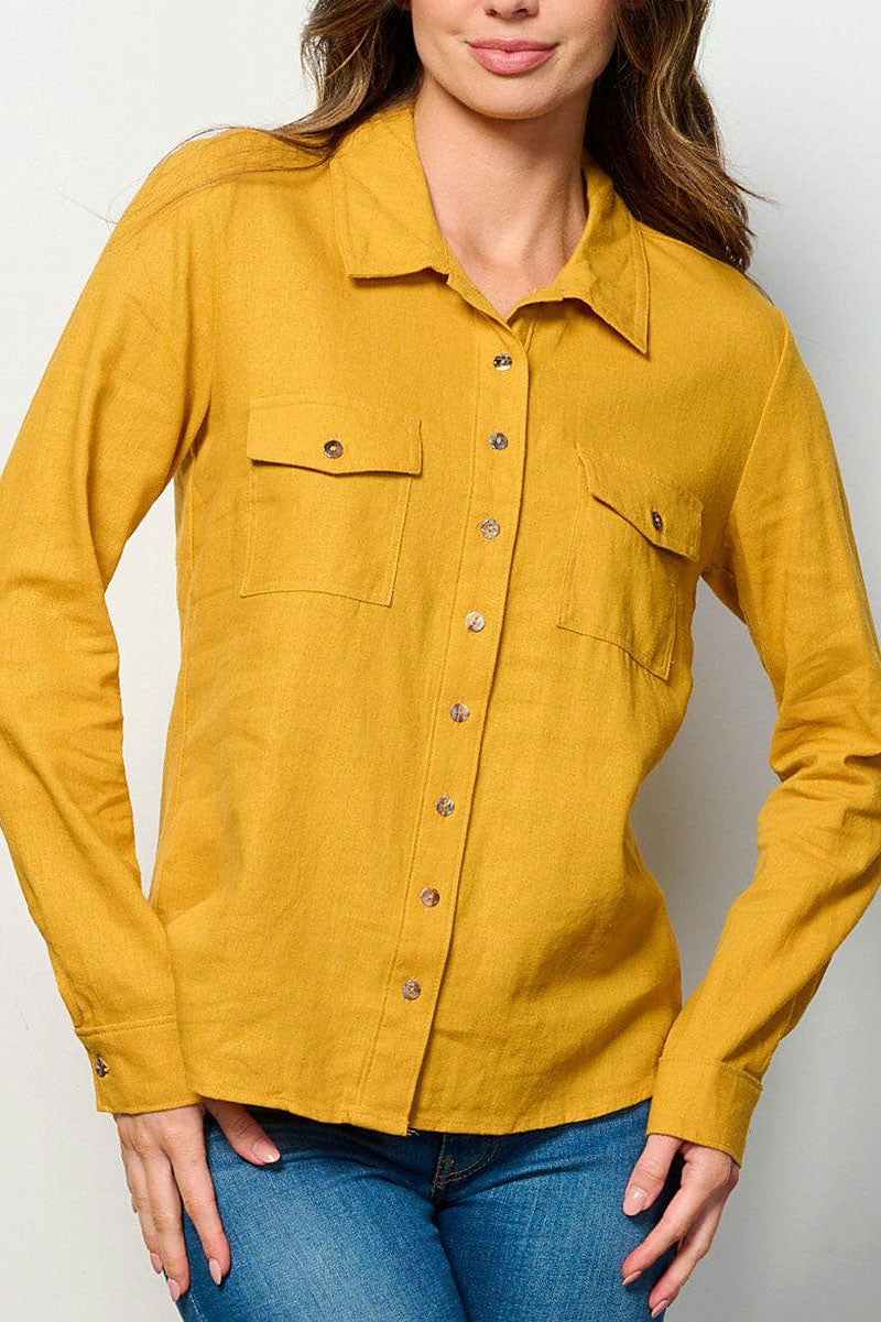 Long sleeve button up front pockets linen top (RVWT6232)