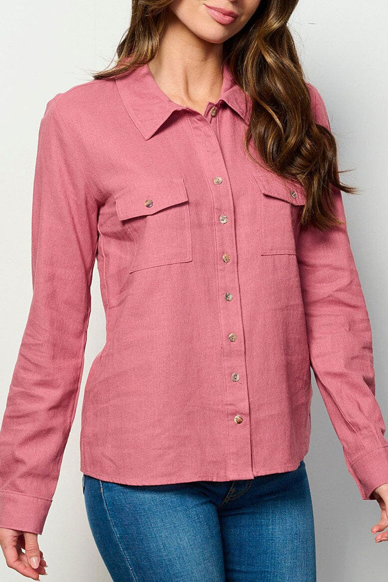 Long sleeve button up front pockets linen top (RVWT6232)