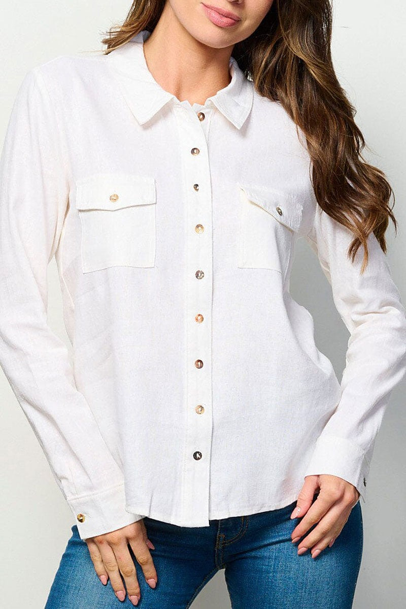 Long sleeve button up front pockets linen top (RVWT6232)