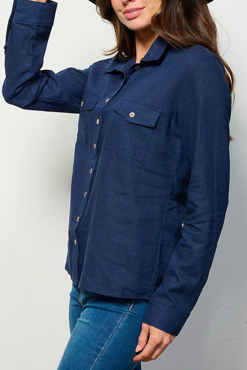 Long sleeve button up front pockets linen top (RVWT6232)