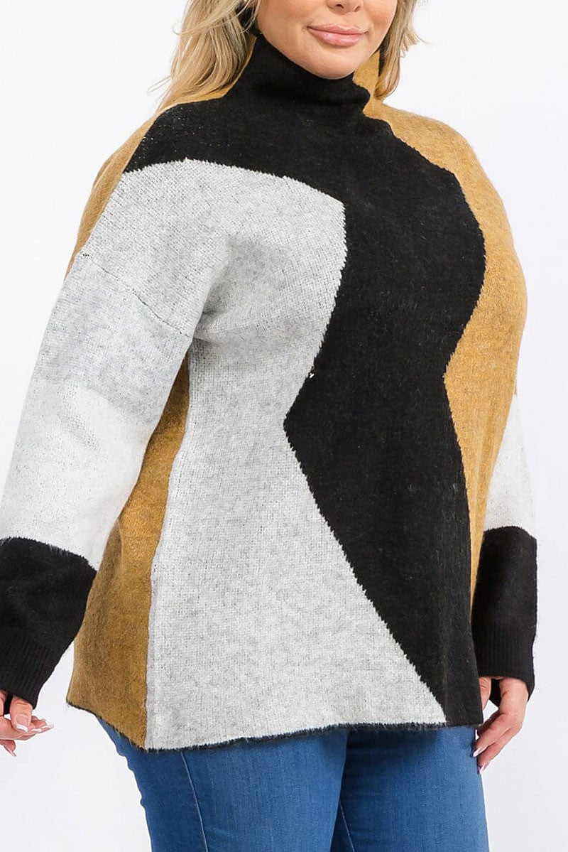 Long sleeve mock neck colorblock pullover sweater (RVWT6233)