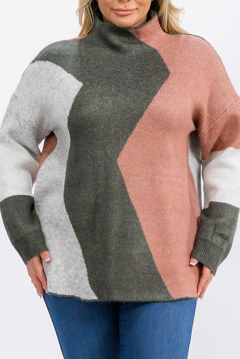 Long sleeve mock neck colorblock pullover sweater (RVWT6233)