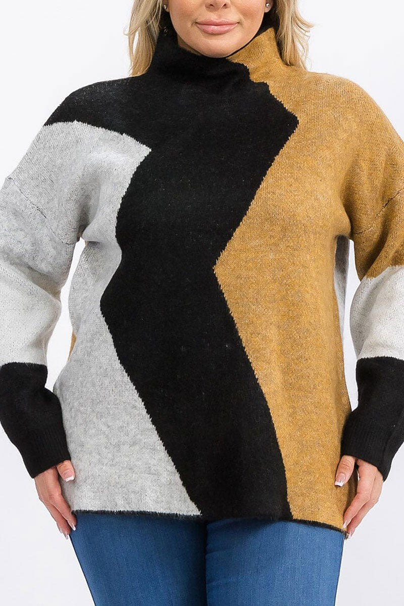 Long sleeve mock neck colorblock pullover sweater (RVWT6233)