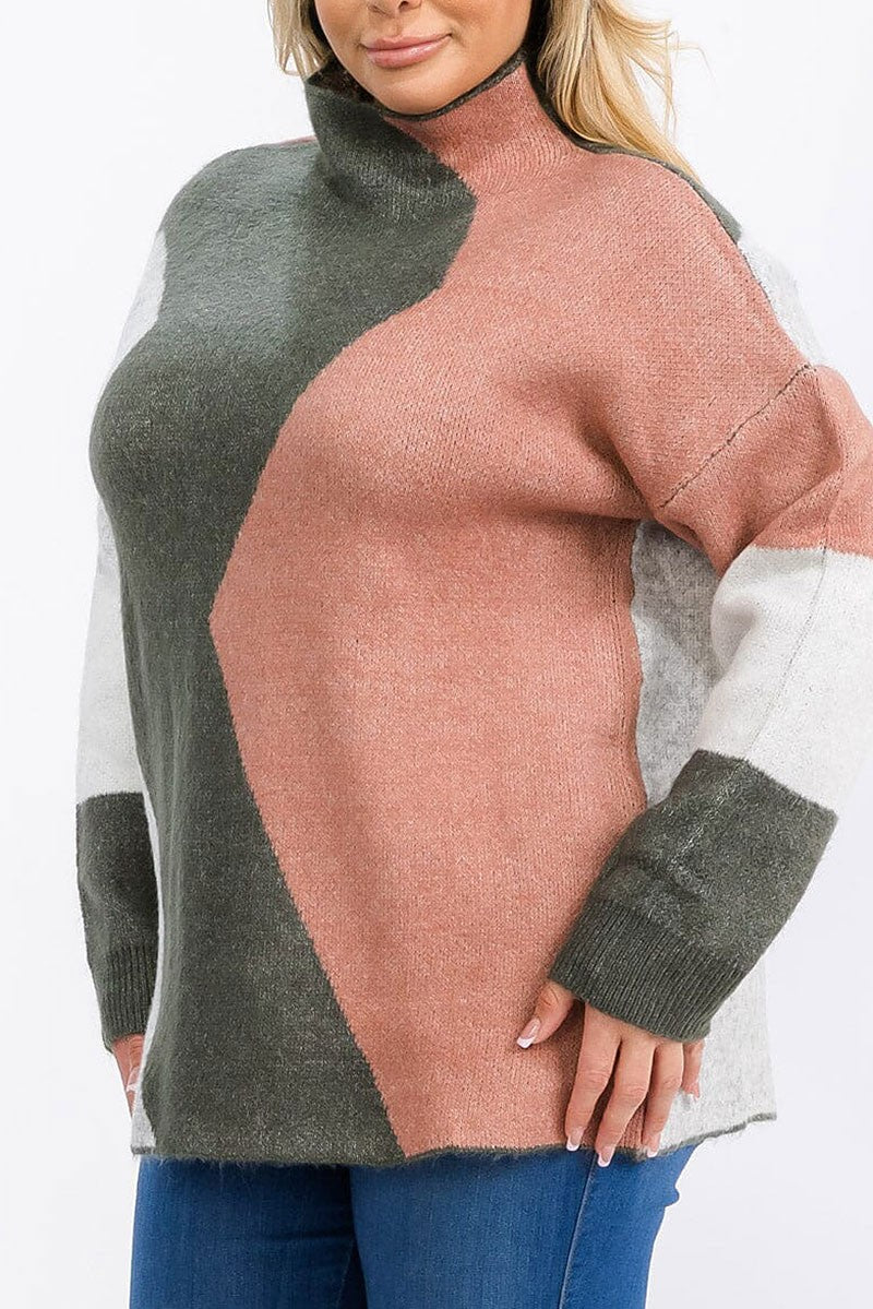 Long sleeve mock neck colorblock pullover sweater (RVWT6233)