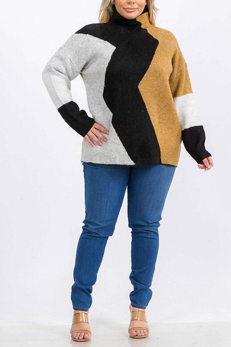 Long sleeve mock neck colorblock pullover sweater (RVWT6233)