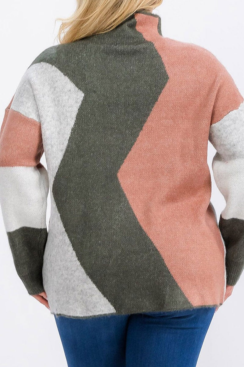 Long sleeve mock neck colorblock pullover sweater (RVWT6233)