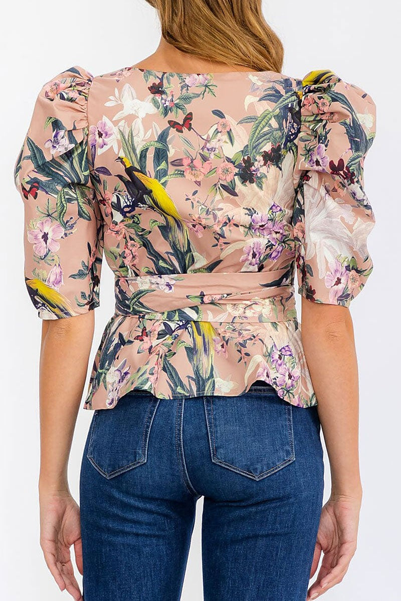 Short puff sleeve wrap floral blouse top (RVWT6266)