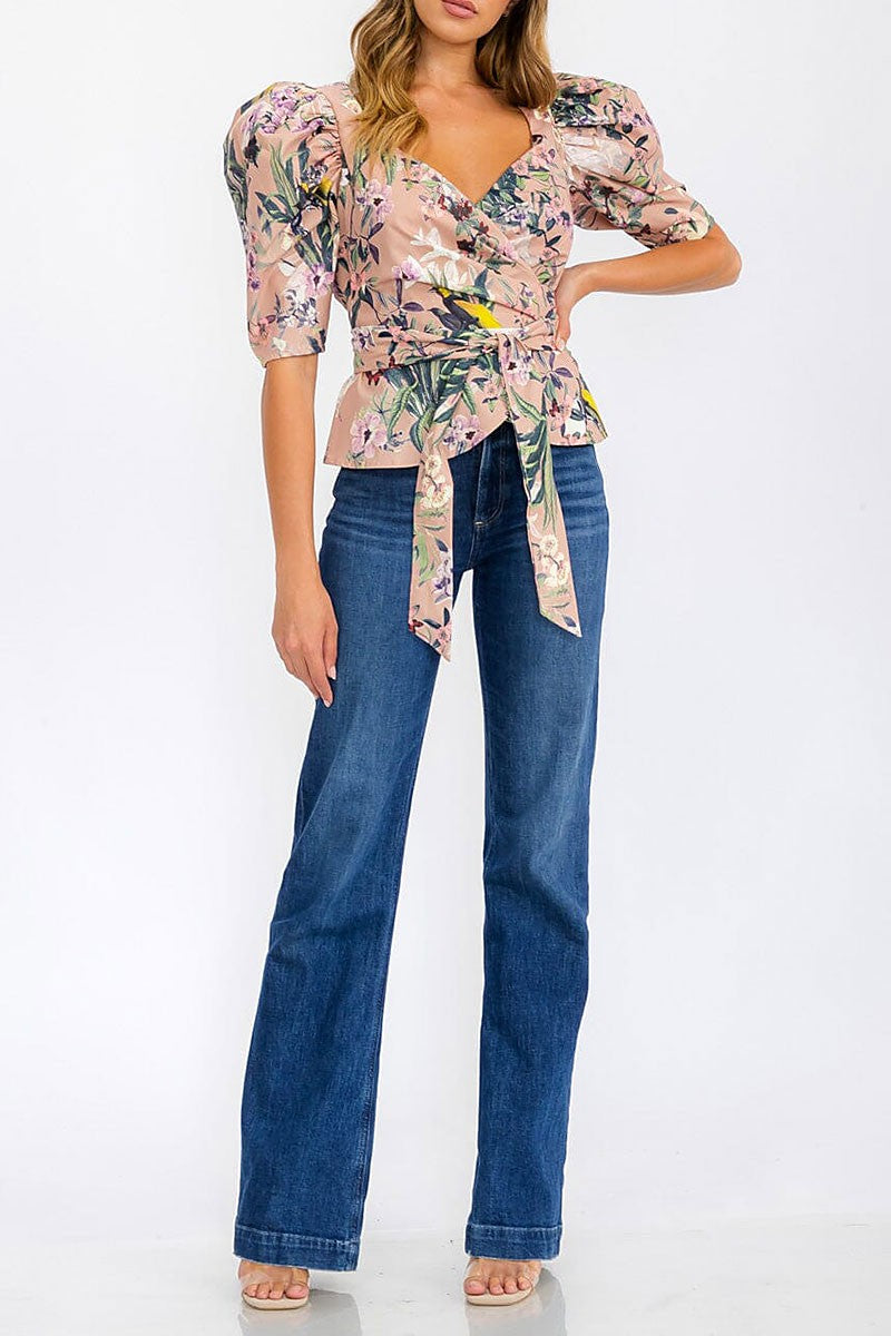 Short puff sleeve wrap floral blouse top (RVWT6266)