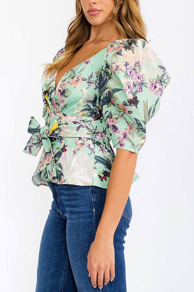 Short puff sleeve wrap floral blouse top (RVWT6266)